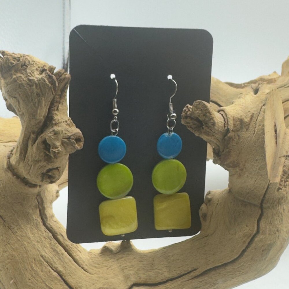 Colorful Geometric Dangle Earrings Blue Green Yellow Lightweight Boho Glass